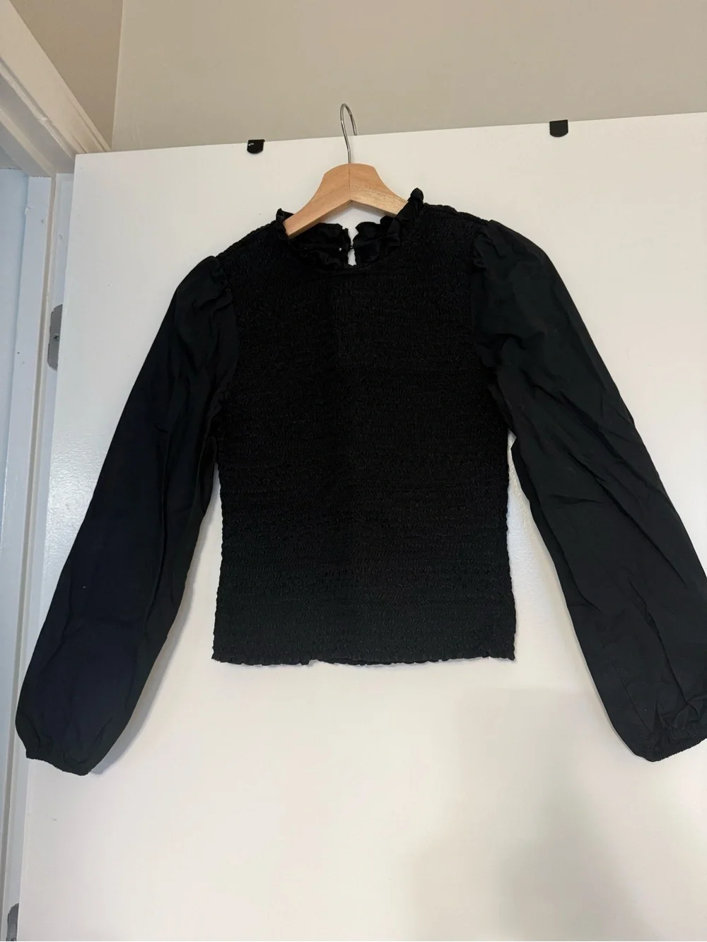 J Crew Long-sleeve ruffleneck smocked top in Black